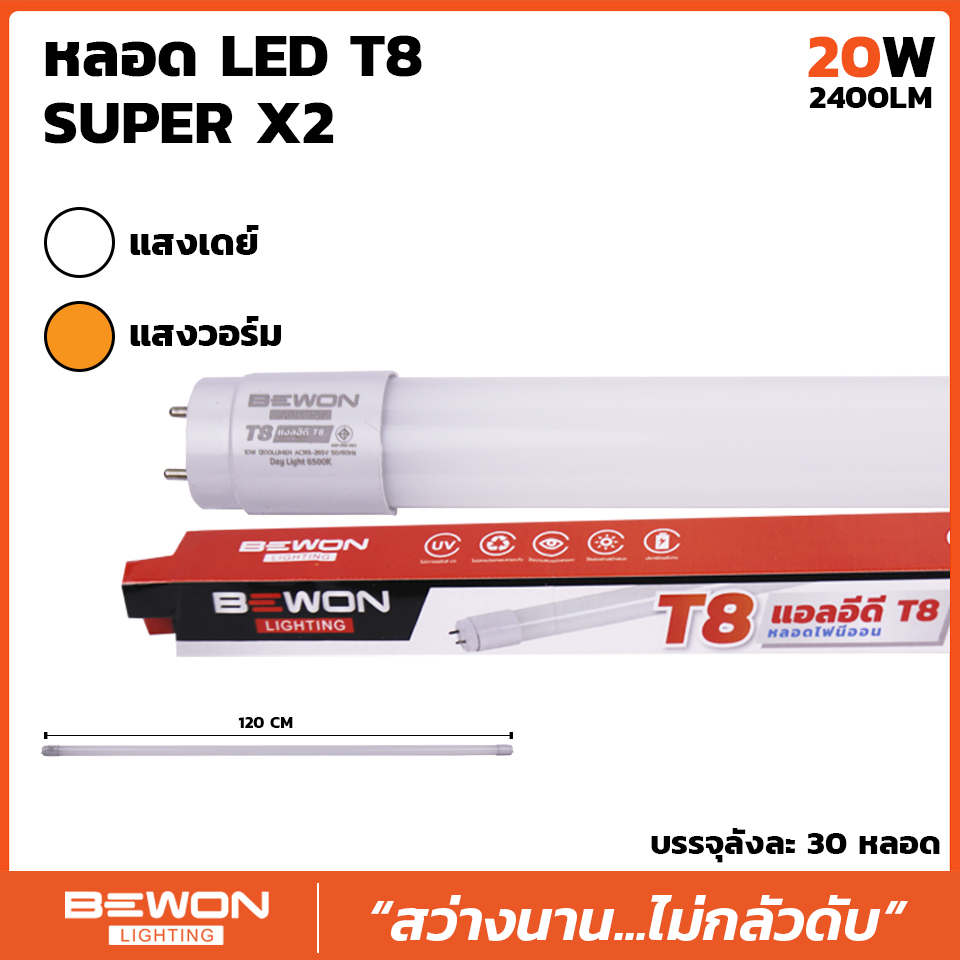 หลอดไฟนีออน T8 LED SUPER X2 20W 2400LM แสงขาว